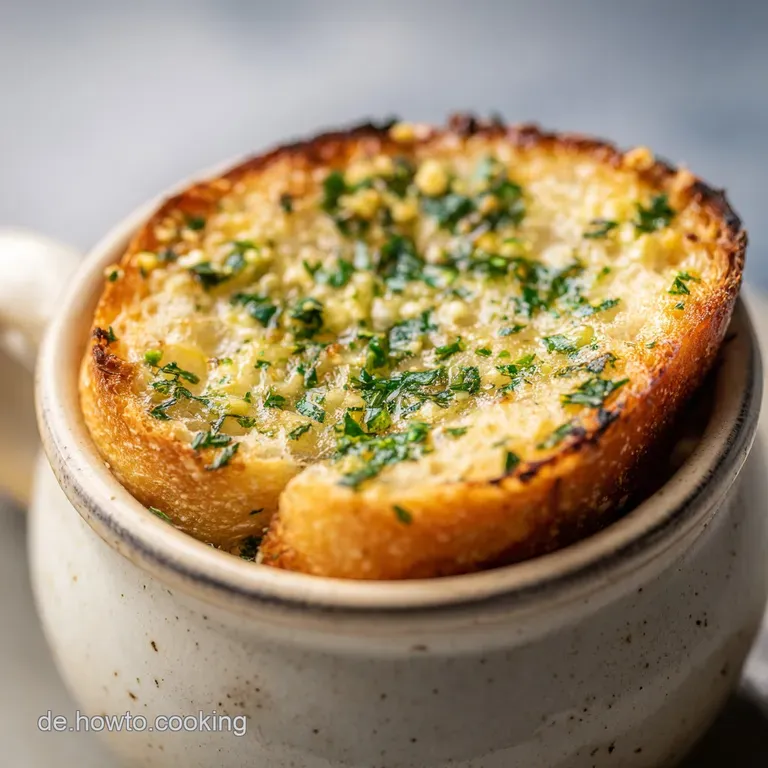 Warm, sliced bread loaf with a golden crust, drizzled with herb-infused butter on a rustic board.