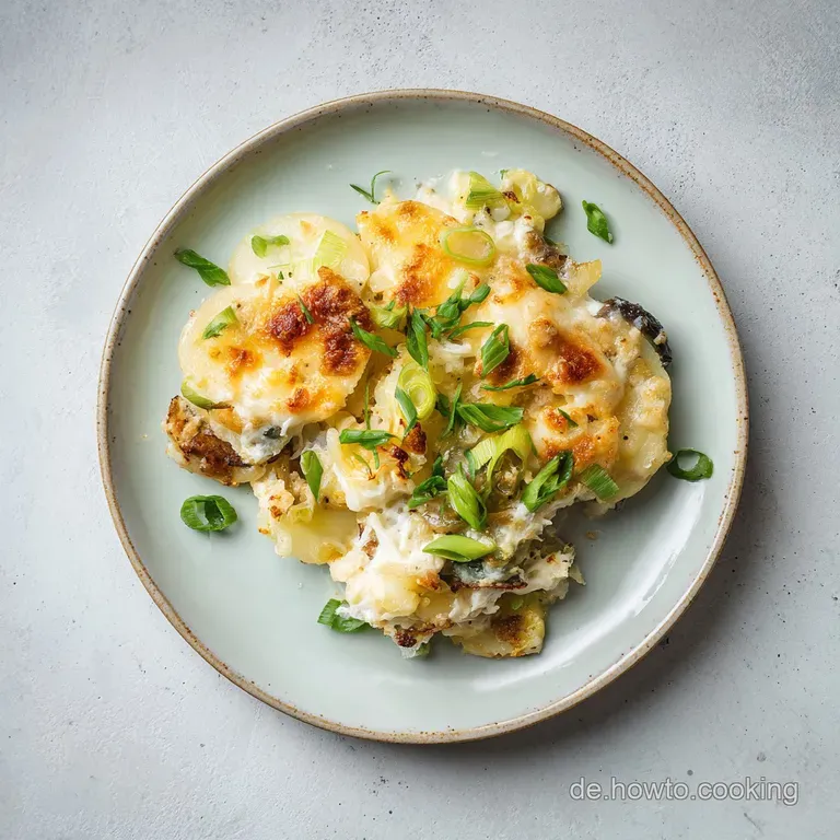 A slice of kohlrabi and potato casserole served elegantly, topped with fresh herbs and a creamy sauce.