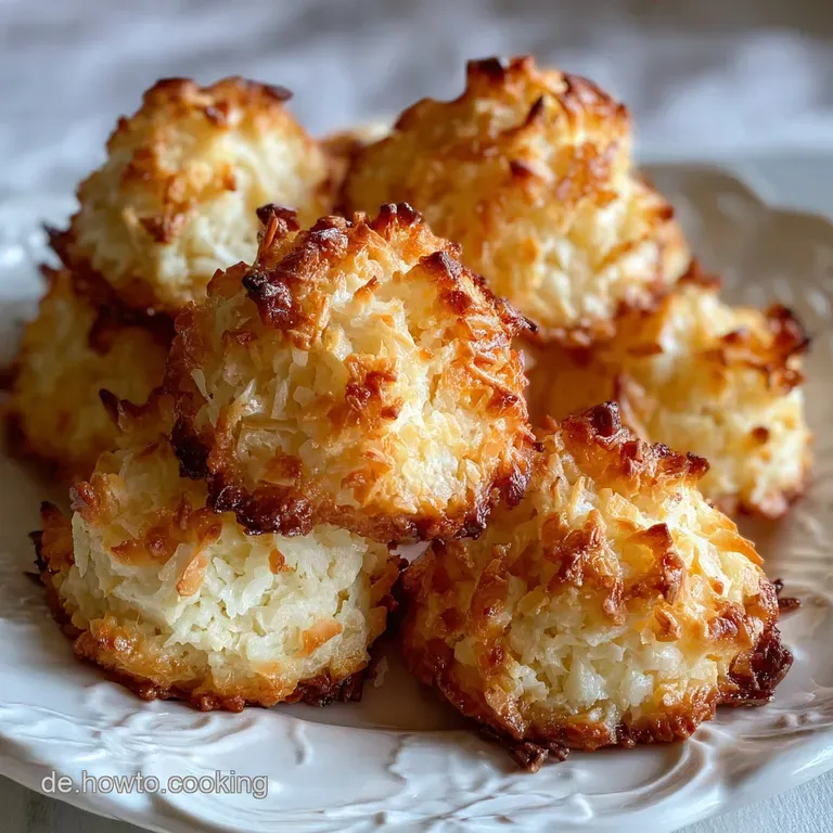 Delicate coconut macaroons neatly arranged on a pale plate, showing their slightly crisp exterior and soft, chewy insides.