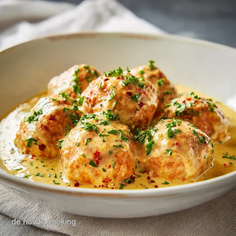 Elegant plate of K&ouml;nigsberger Klopse with bright green parsley garnish, glistening white sauce against fluffy white rice.