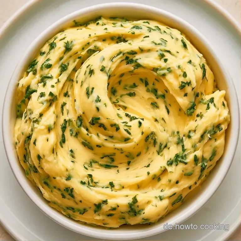 Zarte Scheiben hellgelber Butter mit gr&uuml;nen Kr&auml;utern auf wei&szlig;em Porzellan, sanft beleuchtet durch nat&uuml;rliches Tageslicht.
