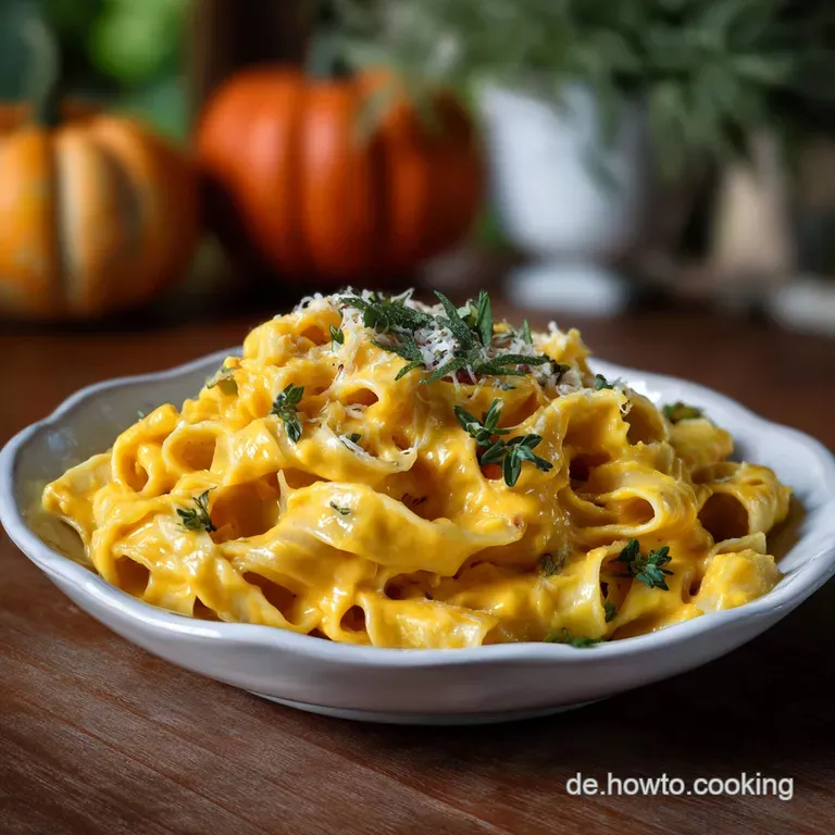 A swirl of fettuccine coated in smooth, light-colored sauce, topped with cracked pepper and fresh herbs on a white plate.