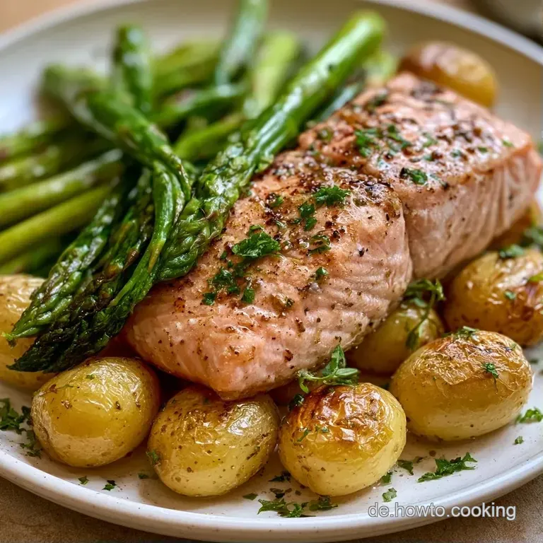 Zwei glasierte Lachsst&uuml;cke auf einem hellen Teller, flankiert von knackigem, gr&uuml;nem Spargel und frischen Kr&auml;utern.