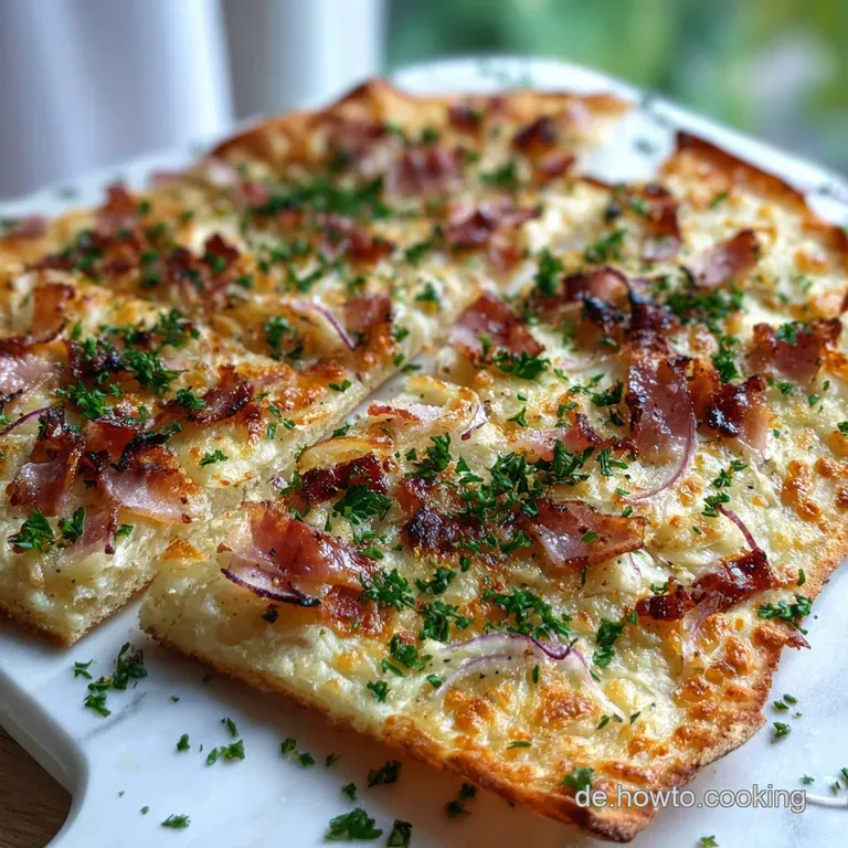 Thin-crust flatbread with bubbly cheese, speck and onions arranged artfully on a wooden board, ready to be sliced.