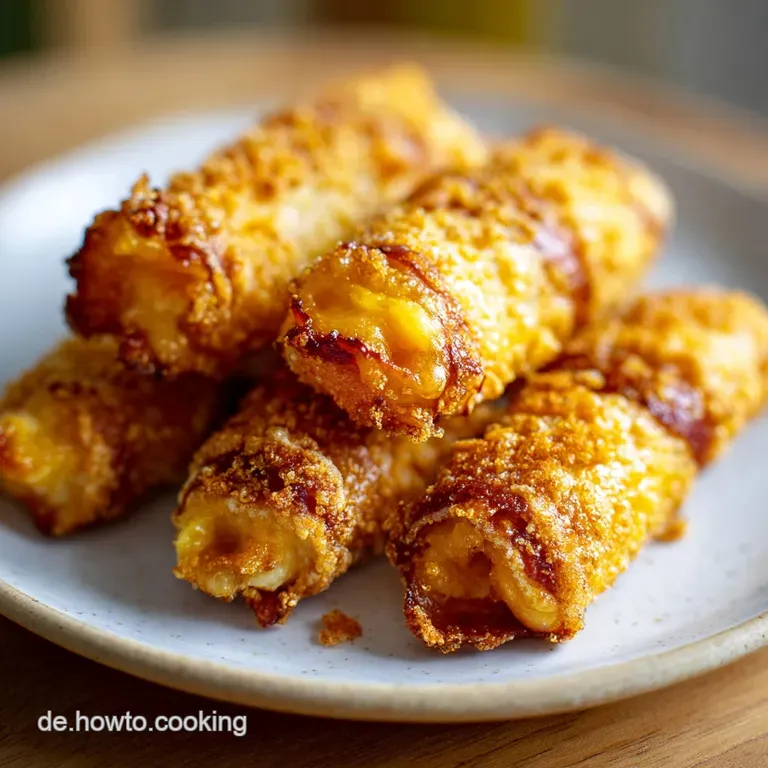 Stack of crispy cheese and ham snacks on a rustic wooden board, hint of greenery, suggests a quick and flavorful bite.