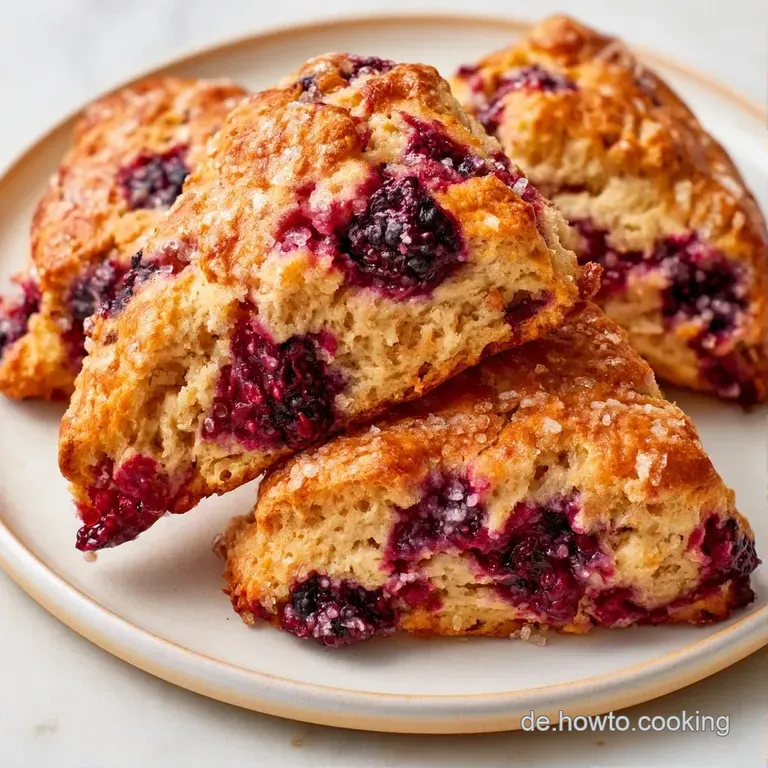 Stapel warmer Scones auf rustikalem Holz, fein best&auml;ubt mit wei&szlig;em Puderzucker und frischen, gl&auml;nzenden Beeren.