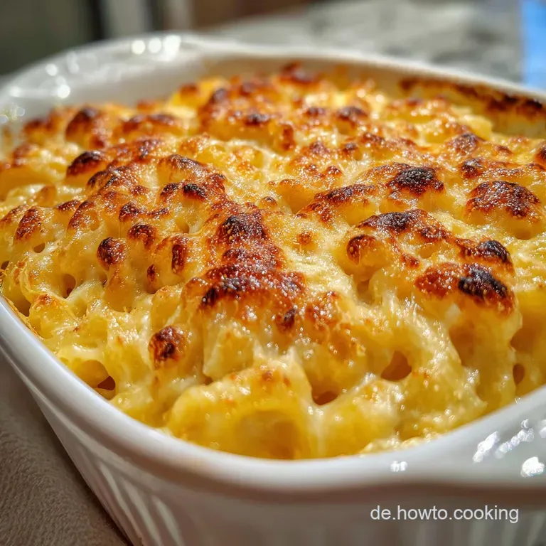 Creamy baked pasta with a rich, cheesy topping, served in a casserole dish and plated with a serving spoon.