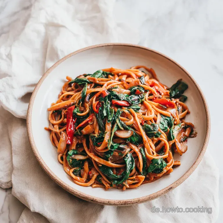 A swirl of pasta and swiss chard artfully arranged on a white plate, with glistening droplets and rich, earthy tones.