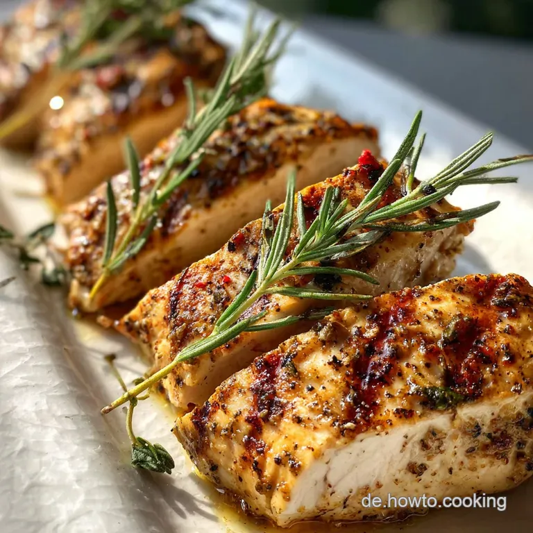 Perfectly seared chicken breast with golden-brown crust, drizzled sauce, fresh herbs. Served on a white plate with roasted...