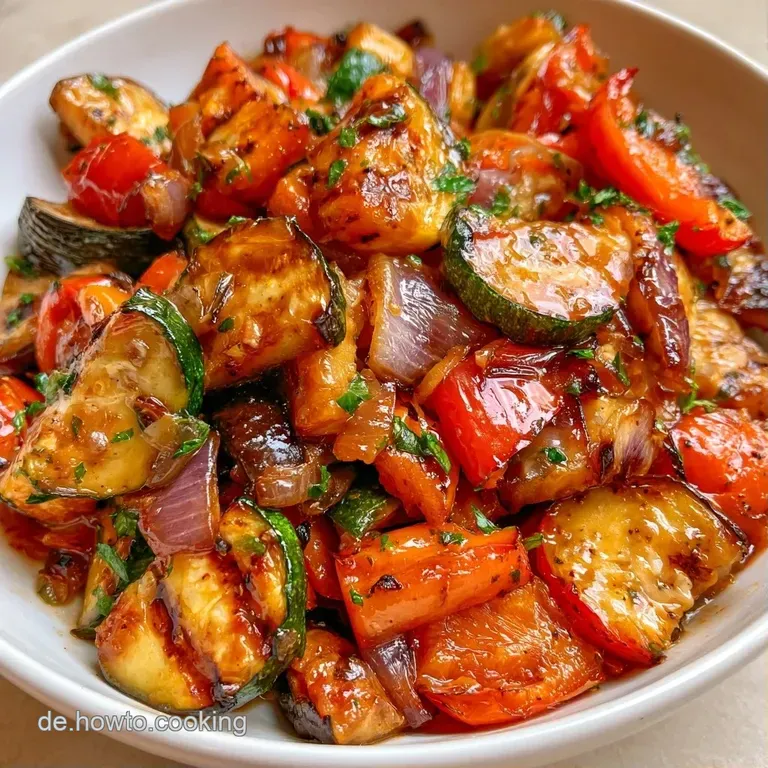 Elegante Platte mit leuchtend roten Paprika und gr&uuml;nen Zucchini, fein mariniert und mit frischen Kr&auml;utern bestreut.