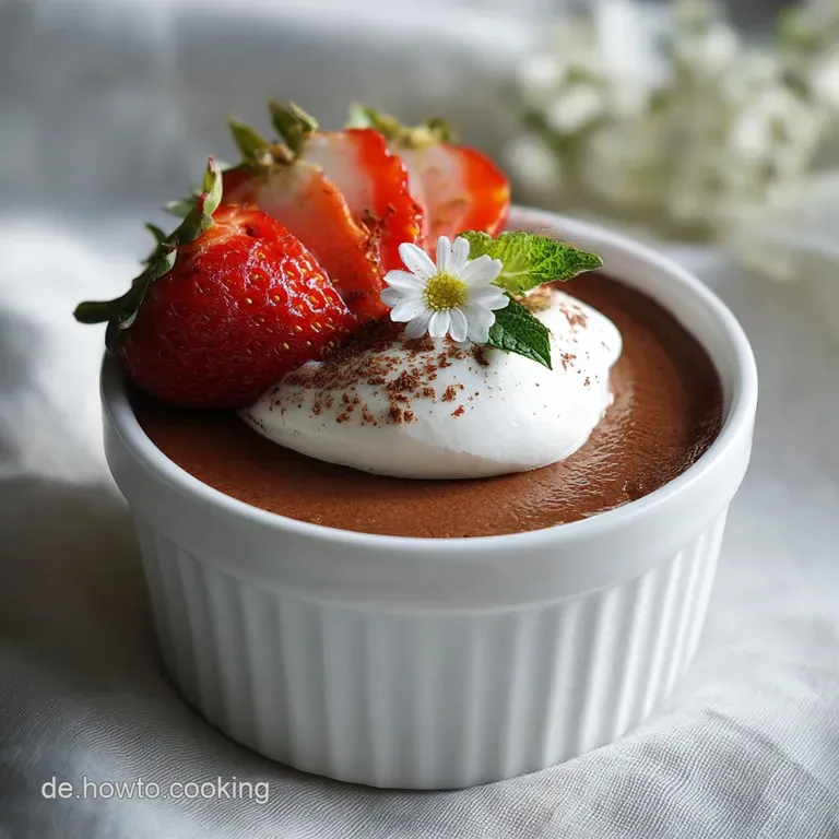 Elegant small glass filled with rich, dark mousse, garnished with a single, perfect raspberry. Subtle shimmer, smooth text...