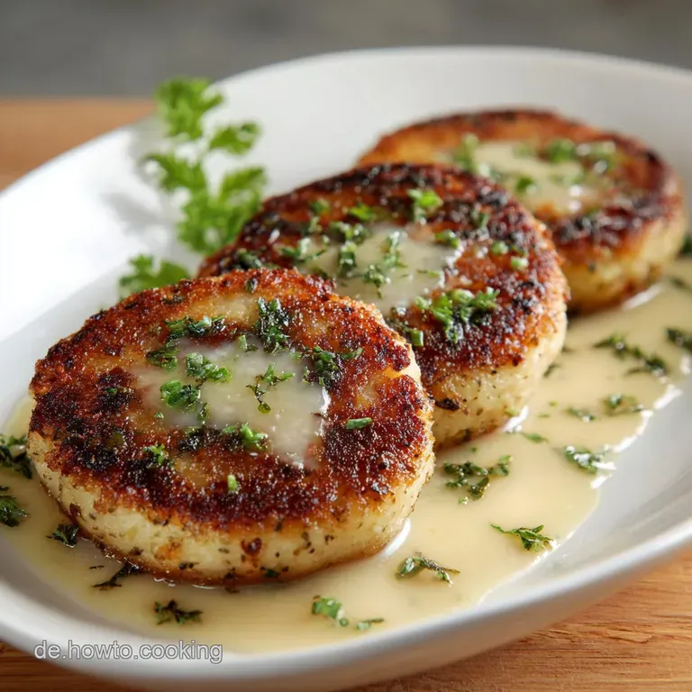 A stack of crispy potato cakes, flecked with herbs, reveals a molten mozzarella center. Fresh herbs add a touch of elegance.