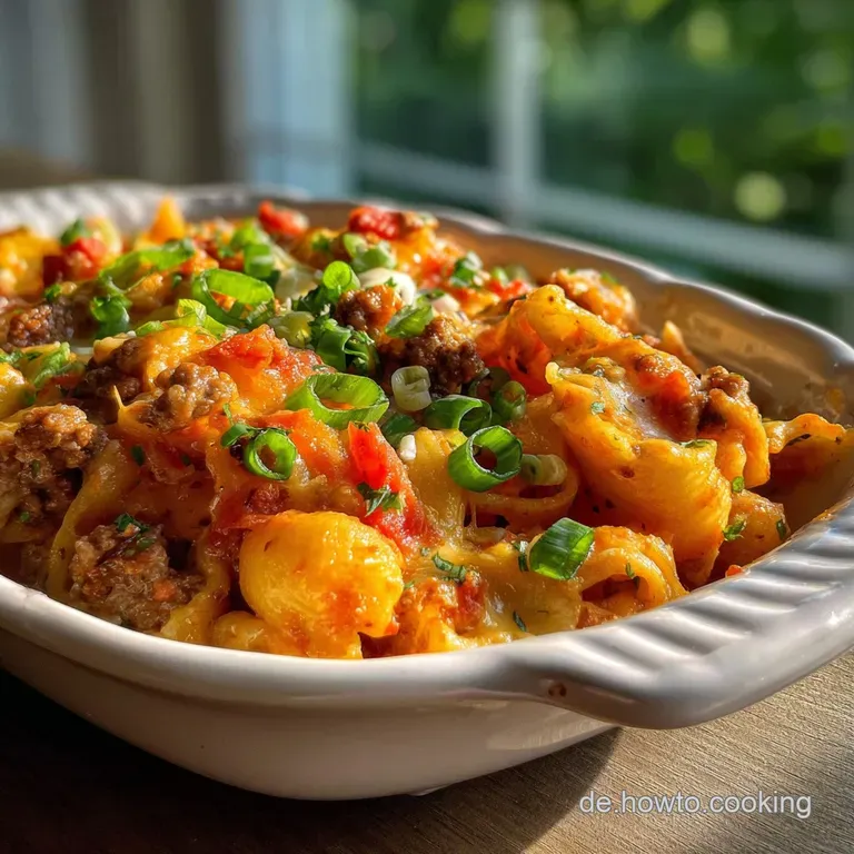 A generous serving of noodle casserole with browned cheese crust, revealing layers of pasta and meat sauce; parsley garnish.