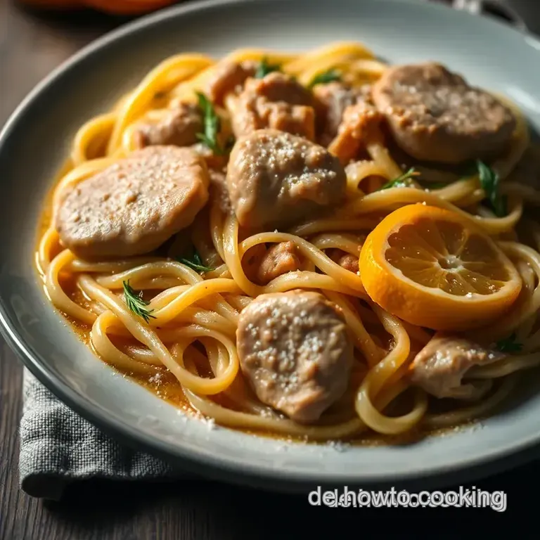 Nudeln Mit Ente in Einer Orangen-Sauce presentation