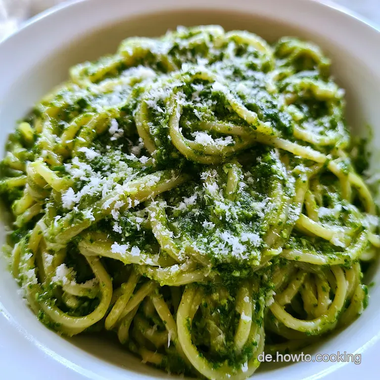 Elegant angerichtete Pasta in einer wei&szlig;en Schale, gl&auml;nzende gr&uuml;ne Sauce, goldbraune Pinienkerne und ein Oliven&ouml;l-Finish.