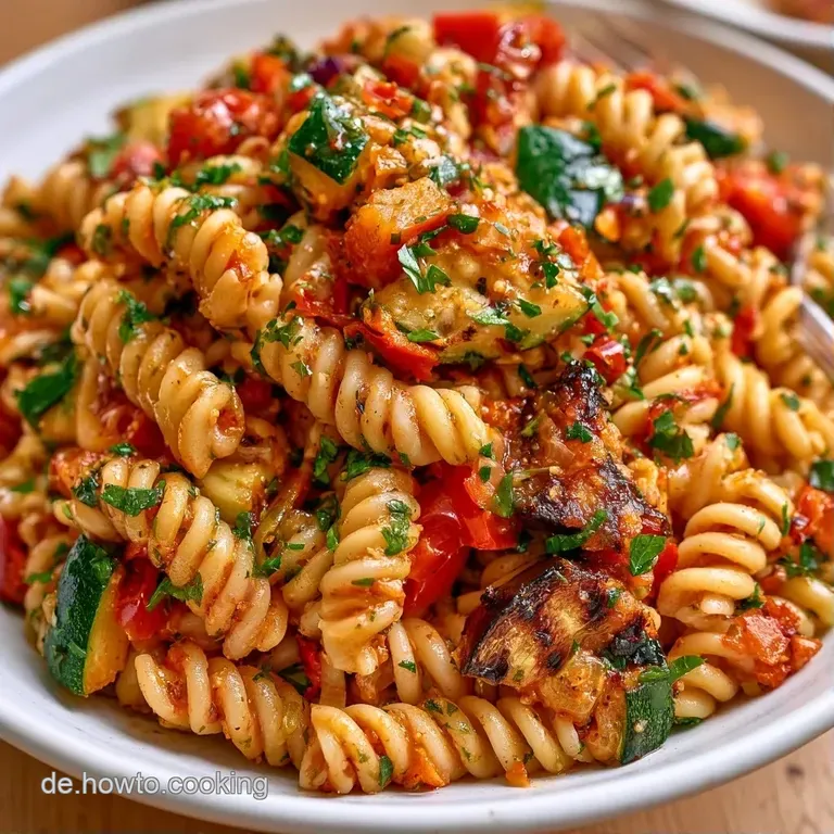 Farbfrohe Pasta-Arrangements mit r&ouml;stbraunem Gem&uuml;se auf einer flachen Keramikplatte, garniert mit gr&uuml;nen Kr&auml;utern.