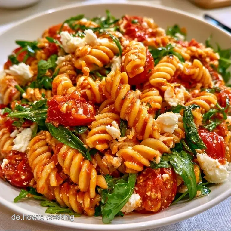 Cremige Nudeln auf einer wei&szlig;en Platte, garniert mit leuchtend roten Tomatenw&uuml;rfeln und zarten, gr&uuml;nen Kr&auml;utern.