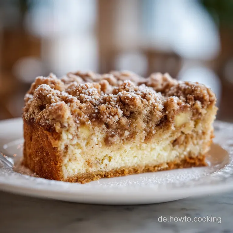 A slice of warm apple crumble cake on a rustic plate, with a dusting of powdered sugar and a dollop of cream.