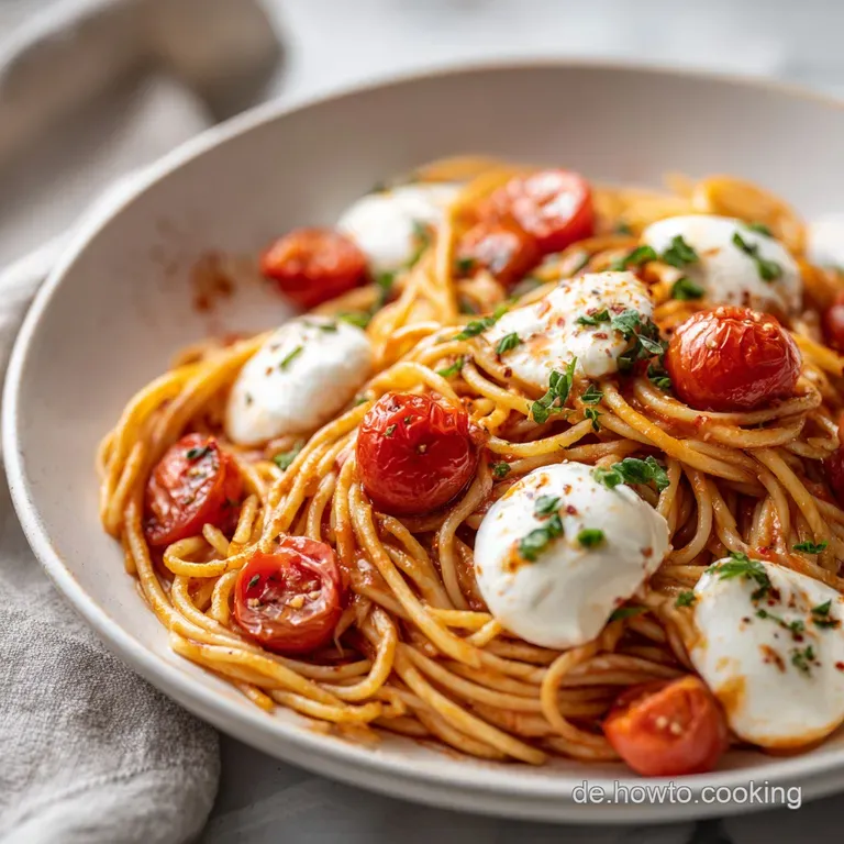 A twirl of tomato pasta with creamy mozzarella, garnished with basil, plated on a white dish. Light reflects off the sauce.