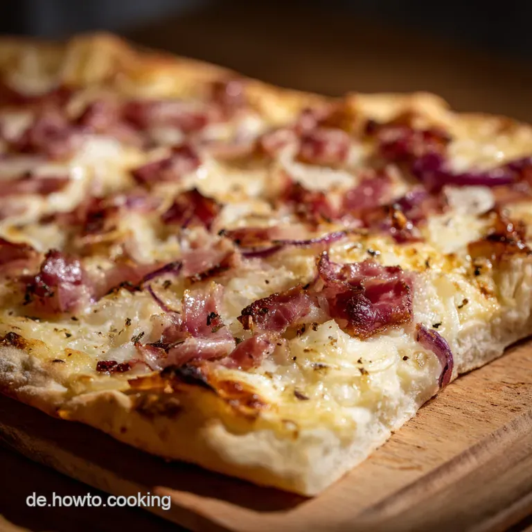 Original Elsässer Flammkuchen mit Speck Zwiebeln presentation