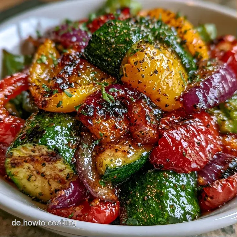 Auf einem wei&szlig;en Teller liegen gl&auml;nzende, bunte Grillpaprika, garniert mit frischen gr&uuml;nen Kr&auml;utern und grobem Salz.