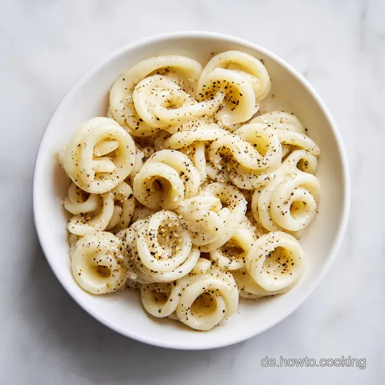 Cremig-gelbe Nudeln auf einem schlichten wei&szlig;en Teller, garniert mit feinen K&auml;sehobeln und frisch gemahlenem Pfeffer.