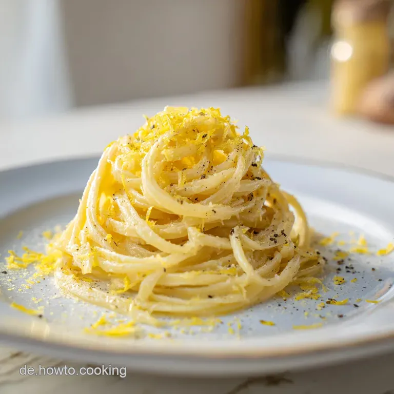 Elegant angerichtete, gl&auml;nzende Nudelwindungen auf einem hellen Teller, garniert mit Zitronenscheiben und Parmesan.