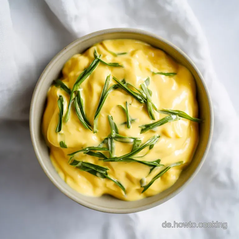 Goldgelbe, samtige Sauce auf einem wei&szlig;en Porzellanteller neben zartem Gem&uuml;se, gl&auml;nzend und perfekt gebunden.