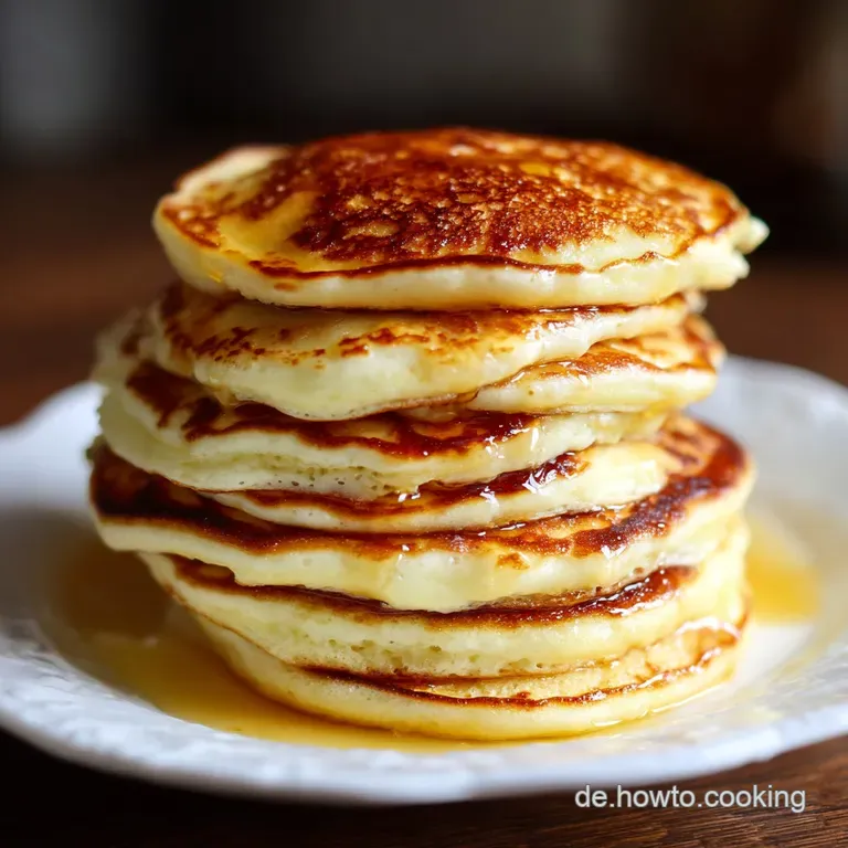 A neat stack of light, airy pancakes adorned with fresh berries and a dusting of confectioners' sugar.