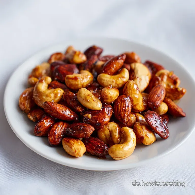 Honey-roasted nuts piled high in a rustic bowl, catching the light, highlighting the sticky, caramelized texture and glist...