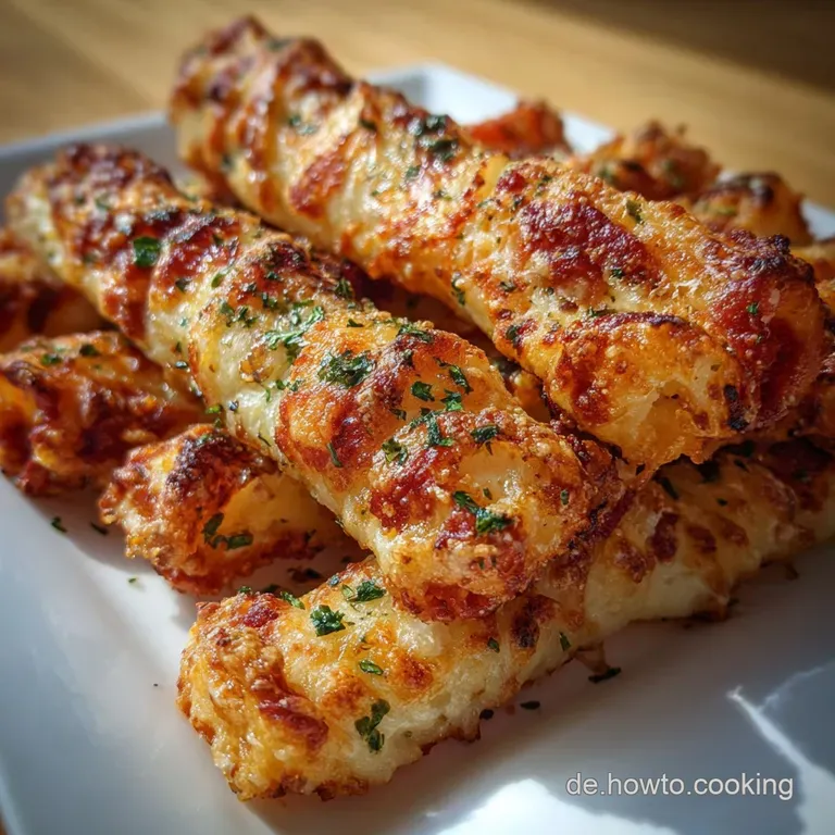 Neatly stacked pizza sticks, browned and speckled with herbs, presented as an irresistible snack for sharing at parties.