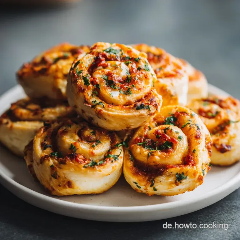 A single, golden-brown pizza roll slice, its layers distinct, rests on a clean white plate. Tomato sauce glistens under so...