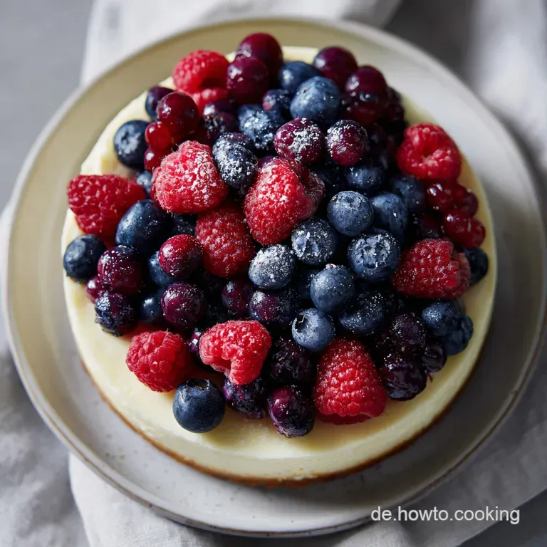 A pristine slice of cheesecake on a white plate, topped with vibrant fresh berries.