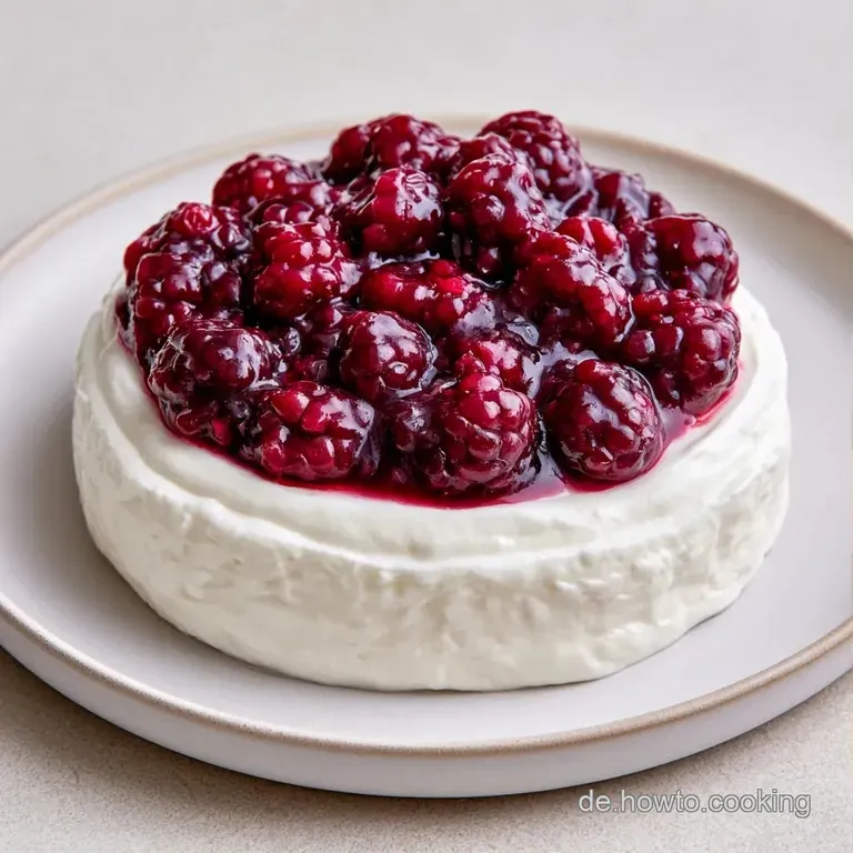 Wei&szlig;e Quarkcreme im Glas mit tiefviolettem Beerenkompott und gl&auml;nzenden Fr&uuml;chten auf einem hellen, modernen Hintergrund.