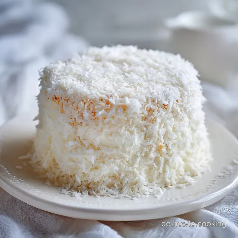 Slice of moist, white cake with shredded coconut, elegantly plated. Hints of creamy coconut milk give an irresistible dess...