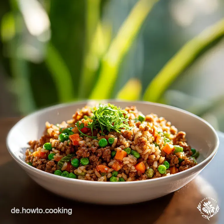 Steaming portion of rice and meat mixture topped with fresh parsley; a hearty and satisfying meal served on a white plate.