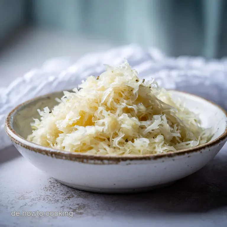 Steaming pile of shredded cabbage, glistening with warm spices, beside sausages on a white plate. A rustic and comforting ...