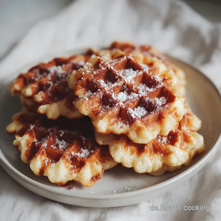 A neat stack of fluffy waffles, lightly golden, adorned with fresh berries and a dollop of cream.
