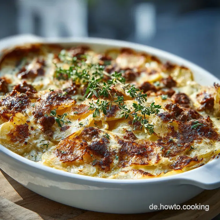 A portion of creamy salsify and meat nestled on a plate, garnished with fresh herbs. Light glistens on the sauce.