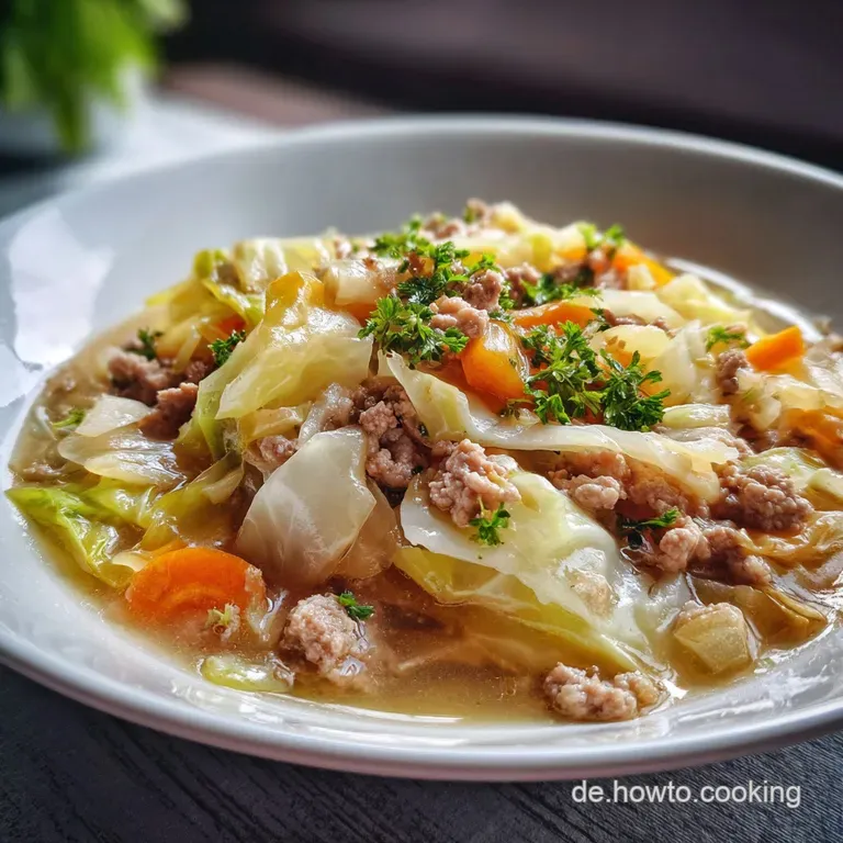 Steaming portion of cabbage and potato stew in a white bowl. Topped with fresh parsley, ready to eat. Inviting, warm comfo...