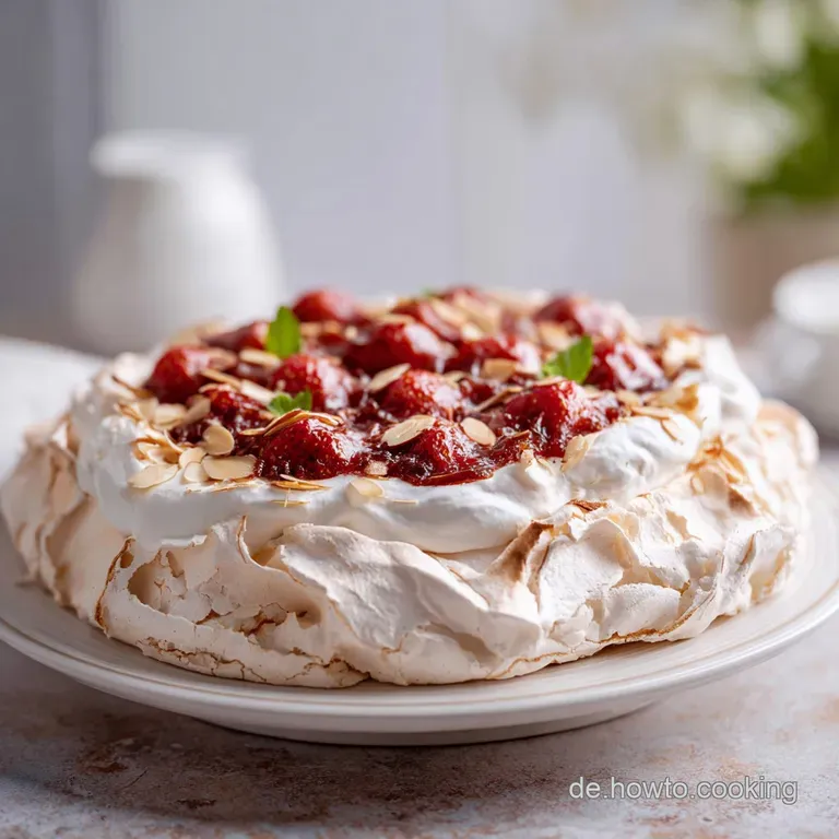 A slice of rhubarb meringue cake on a white plate. Toasted almonds and a pink rhubarb filling are visible in this elegant ...