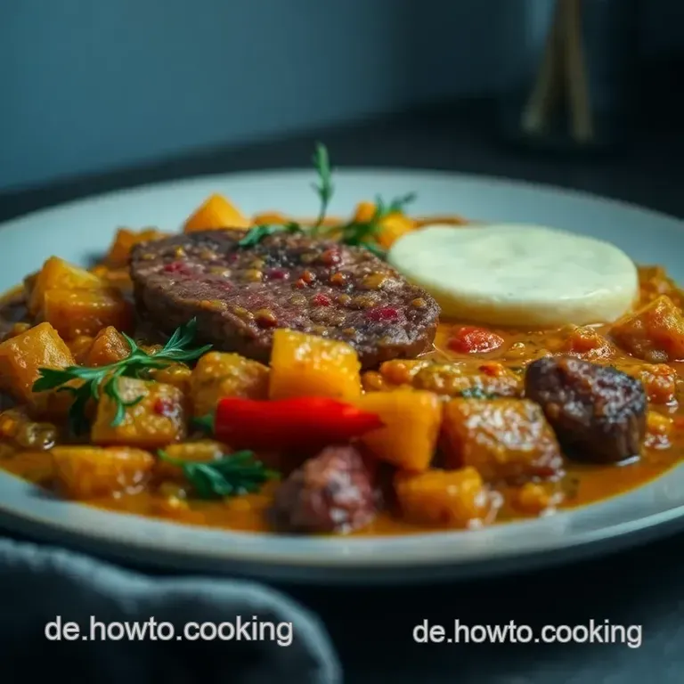 Rinderfilet an Paprika-Curry-Estragon-Sauce Mit Rosmarinkartoffeln presentation