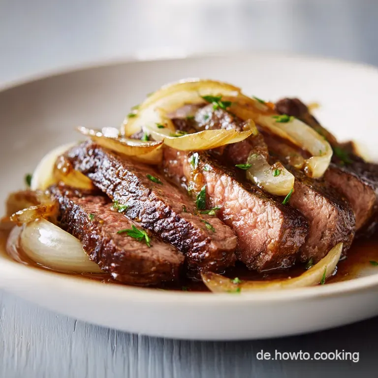 Elegant plating of tender beef and caramelized onions with a swirl of cream. Garnished with fresh herbs on a white plate.