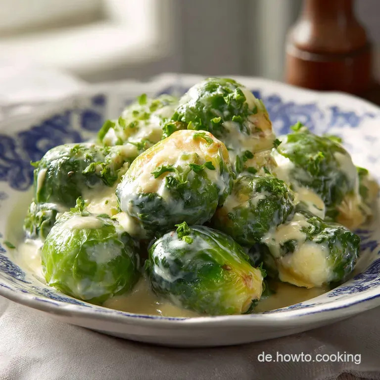 A rustic bowl piled high with tender Brussels sprouts, glistening in a smooth, pale sauce.