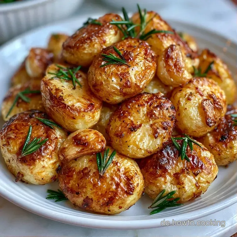 Eine wei&szlig;e Keramikplatte mit gl&auml;nzenden, ger&ouml;steten Kartoffeln, garniert mit Kr&auml;utern und einer Prise Meersalz.
