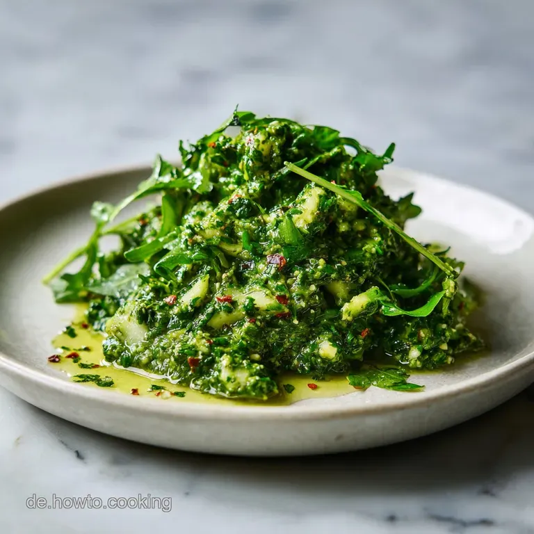 Emerald rucola pesto gracefully coats twirled pasta. Garnished with peppery greens and creamy cheese. An elegant plate!