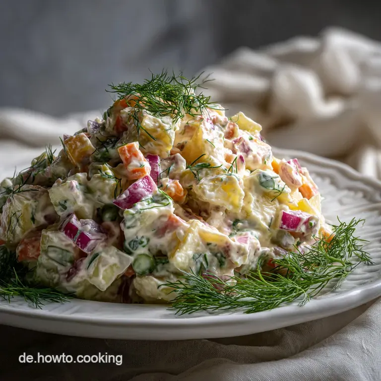 Elegant white plate showcasing Russian salad; creamy, vibrant diced vegetables artfully arranged, a light drizzle of dress...