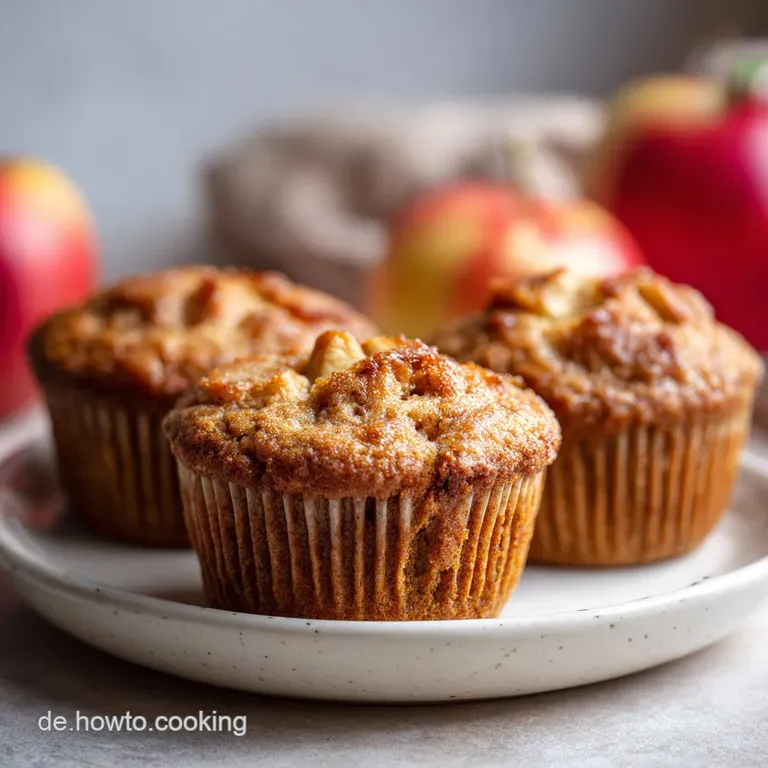 A single apple cinnamon muffin on a white plate, with a dusting of powdered sugar. Warm and inviting, flecks of apple are ...