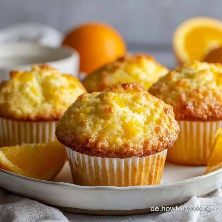 A neat stack of golden-orange Fanta muffins, dusted with powdered sugar and a mandarin slice.