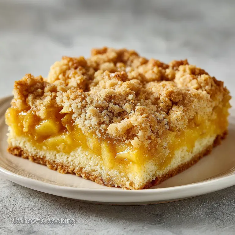 A generous slice of warm apple crumble cake, dusted with powdered sugar, served with a dollop of creamy whipped topping.